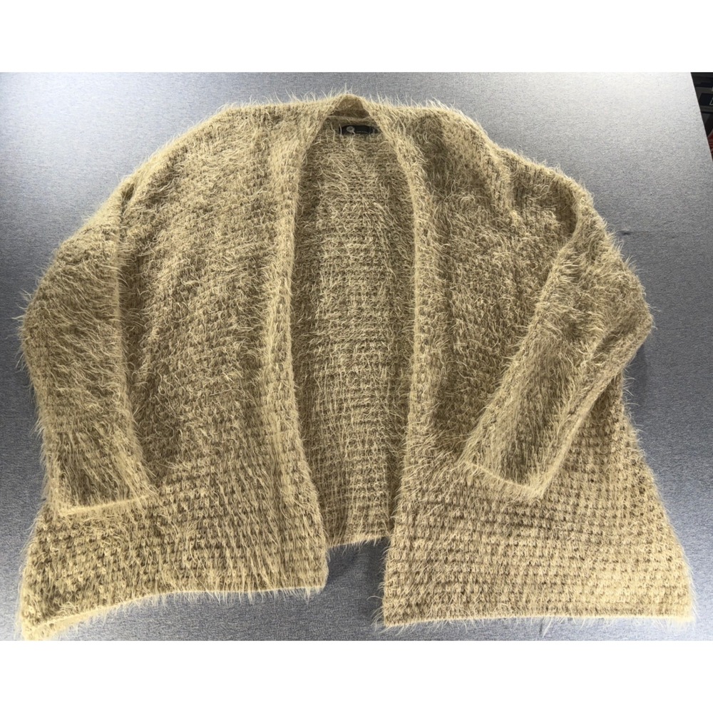 Made in Italy Mohair Wool Blend Eyelash Knit Open Front Cardigan Beige XL